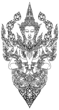 Tayland desenli sanat meleği elinde bir nilüfer çiçeği edebiyatı tutuyor. Siyah beyaz arka planda Tayland edebiyatı.