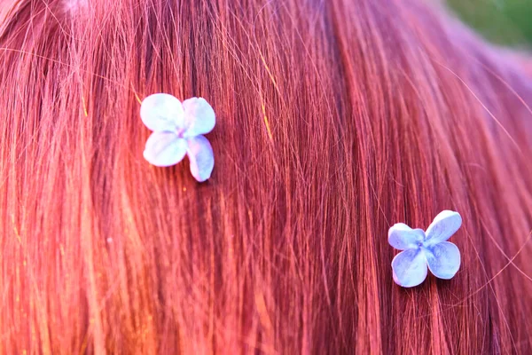 Lila Bloemen Zijn Geweven Het Haar Van Het Meisje — Stockfoto