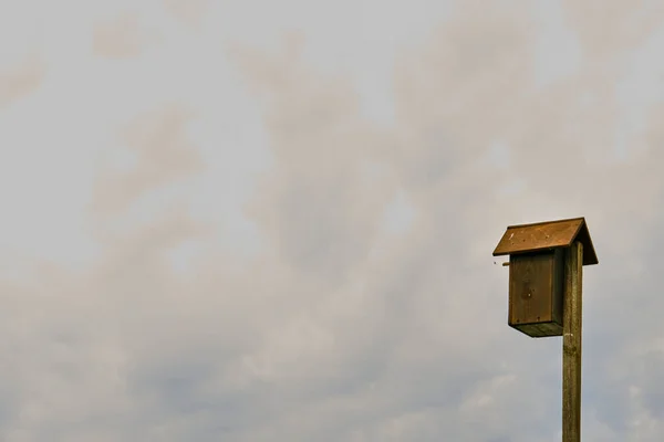 Gökyüzüne Karşı Bir Sütun Üzerinde Kuş Evi — Stok fotoğraf