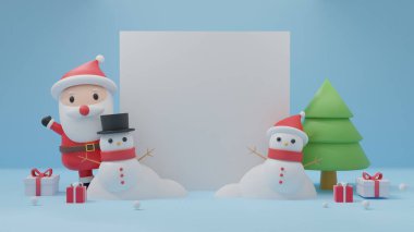 Mutlu Noeller, Noel Baba 'yla Noel kutlamaları ve mesaj atmak için yeri olan kardan adam. 3d oluşturma .