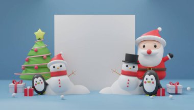  Noel Baba 'yla Noel kutlamaları, penguen ve mesaj atmak için yeri olan kardan adam. 3d oluşturma .