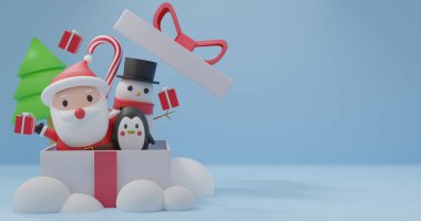 Noel arkaplanı, Noel Baba, penguen ve kardan adamın hediye kutusunda durduğu Noel kutlamaları. 3d oluşturma .
