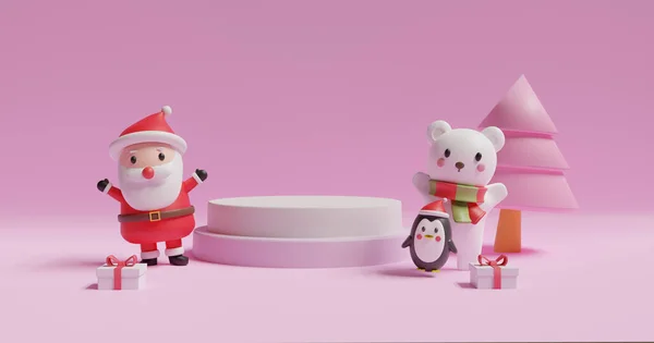 Feliz Pódio Natal Celebrações Natal Com Cláusula Papai Noel Pinguim — Fotografia de Stock