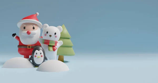 Merry Christmas , Christmas celebrations with Polar bear , penguin ,snowman for Christmas card, Christmas background and banner. 3d rendering .