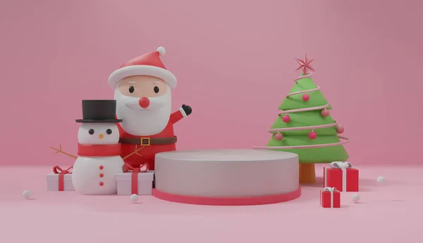 Vrolijk Kerstfeest Kerstfeest Met Kerstclausule Sneeuwpop Met Podium Voor Een — Stockfoto
