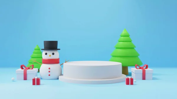 Frohe Weihnachten Weihnachtsfeiern Mit Netten Schneemann Und Geschenkboxen Und Podium — Stockfoto