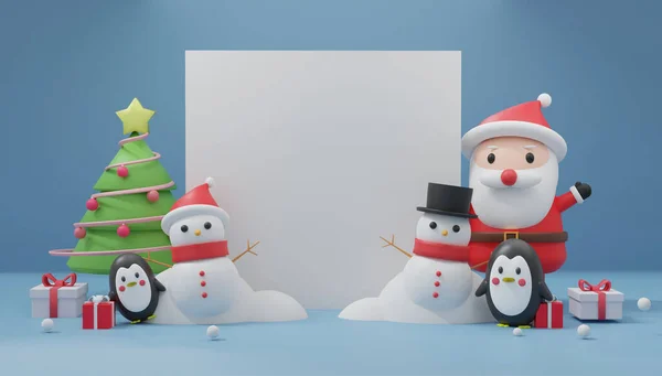Різдвяні Святкування Санта Клаусом Пінгвіном Сніговиком Місцем Тексту Візуалізація — стокове фото