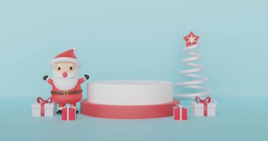 Mutlu Noeller, Noel kutlamaları Noel Baba maddesi ve bir ürün için podyum. 3d oluşturma .