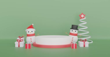Mutlu Noeller, bir ürün için kardan adamla ve podyumla Noel kutlamaları. 3d oluşturma .