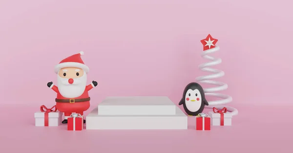 Frohe Weihnachten Podium Weihnachtsfeier Mit Weihnachtsmann Pinguin Schneemann Für Weihnachtskarte — Stockfoto