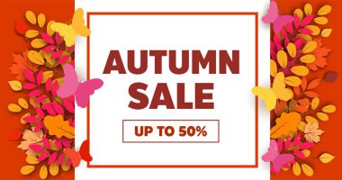Kağıt kesim tarzında yaprakları olan sonbahar indirimi afişi.
