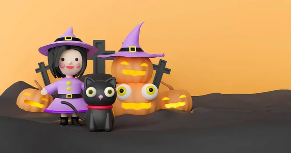 Fondo Halloween Con Calabazas Renderizado Witch —  Fotos de Stock