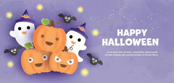 Happy Halloween Banner Cute Pumpkins Ghost Water Color Style - Stok Vektor