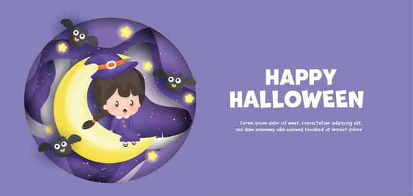 Buon Halloween Banner Con Simpatica Strega Seduta Sulla Luna — Vettoriale Stock