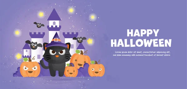 Happy Banner Halloween Cute Kota Dynie Stylu Koloru Wody — Wektor stockowy