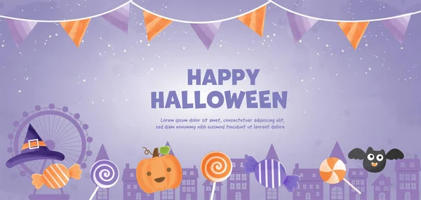 Banner Halloween Felice Con Strega Carina Candele Stile Acquerello — Vettoriale Stock