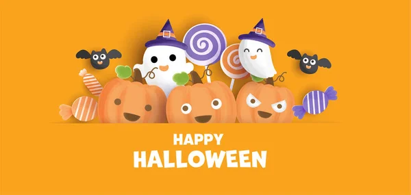 Happy Halloween Banner Dengan Labu Lucu - Stok Vektor