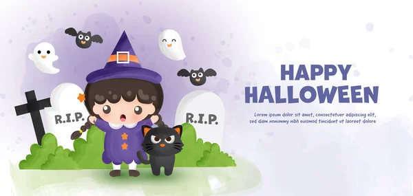 Happy Banner Halloween Cute Czarownica Czarny Kot Stylu Koloru Wody — Wektor stockowy