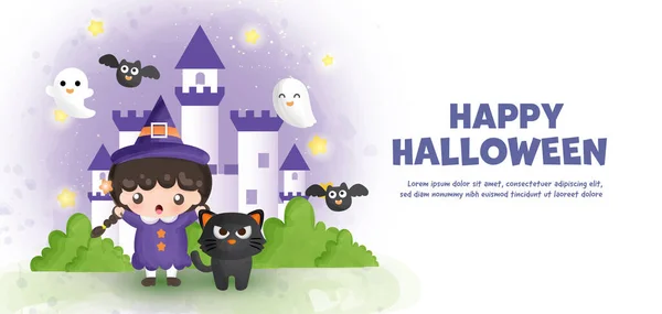 Happy Banner Halloween Cute Czarownica Zamek Stylu Koloru Wody — Wektor stockowy