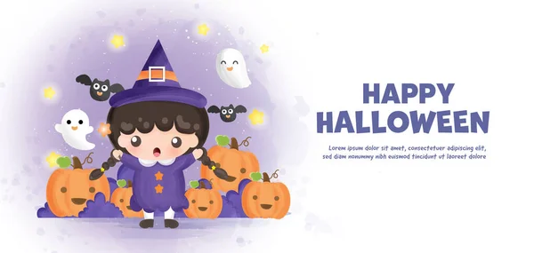 Happy Banner Halloween Cute Czarownica Dynie Stylu Koloru Wody — Wektor stockowy
