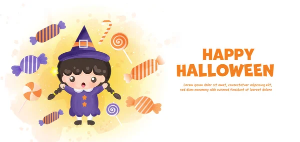 Hhappy Halloween Banner Roztomilou Čarodějnicí Bonbóny Barvě Vody — Stockový vektor