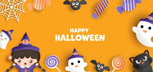 Happy Banner Halloween Uroczą Czarownicą Duchem — Wektor stockowy