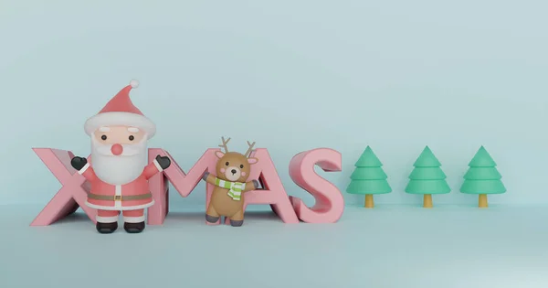 Christmas background with Santa clause and friends. 3d rendering.