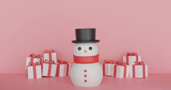 带着雪人和礼品盒的圣诞快乐 3D渲染 — 图库照片