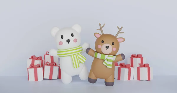 Weihnachten Hintergrund Mit Einem Eisbären Und Teuer Auf Weißem Hintergrund — Stockfoto