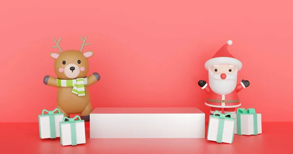 Weihnachten Hintergrund Mit Weihnachtsmann Klausel Und Freunde Auf Rotem Hintergrund — Stockfoto