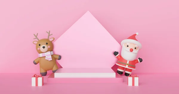 Merry Christmas ,  Christmas celebrations with Santa clause and friend with podium for a product  . 3d rendering .