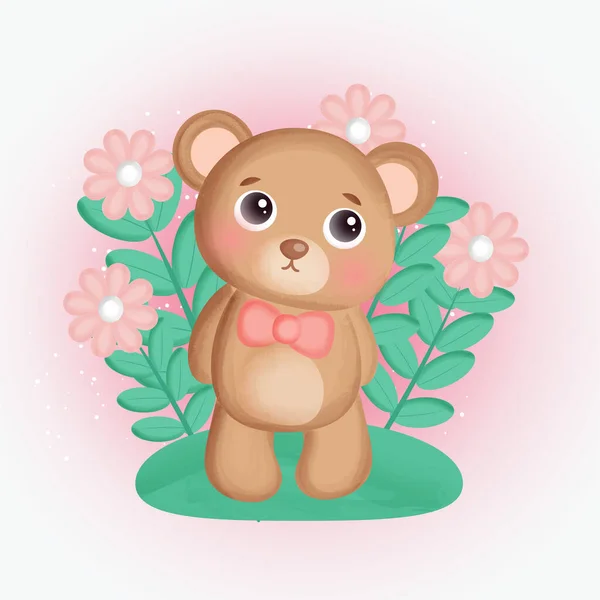 Lindo Oso Peluche Jardín Flores — Archivo Imágenes Vectoriales