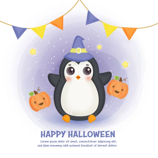 Glad Halloween Kort Med Söt Pingvin Akvarell Stil — Stock vektor
