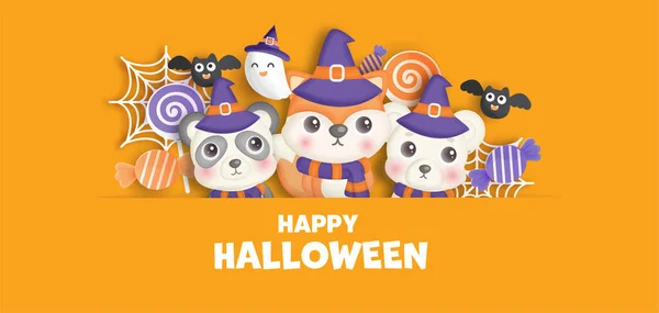 Buon Halloween Banner Con Simpatici Animali Fantasmi — Vettoriale Stock