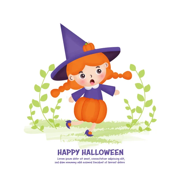 Kartu Pos Halloween Dengan Penyihir Lucu Dan Labu - Stok Vektor