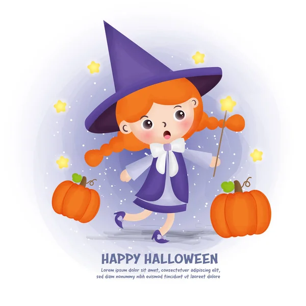 Cartolina Halloween Con Simpatica Strega Zucche — Vettoriale Stock