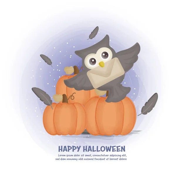 Tarjeta Postal Halloween Con Lindo Búho Calabazas — Vector de stock