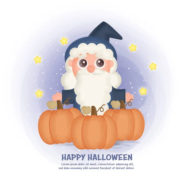 Cartolina Halloween Con Simpatica Strega Zucche — Vettoriale Stock