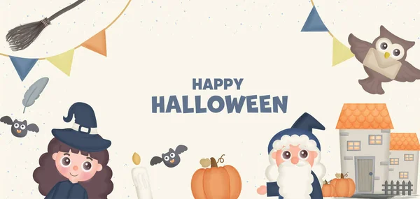 Felice Banner Halloween Con Simpatica Strega Elemento — Vettoriale Stock