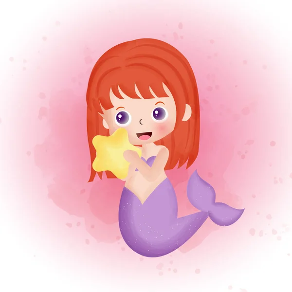 かわいい人魚の漫画水彩画 — ストックベクタ