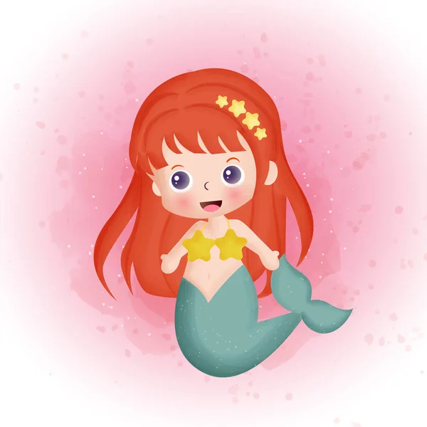 Cute Mermaid Cartoon Watercolor — Stock Vector