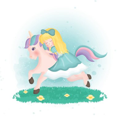 Tatlı karikatür prensesi sulu boyayla tek boynuzlu ata biniyor..