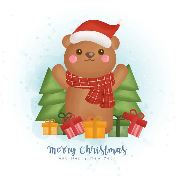 Navidad Acuarela Invierno Con Oso Elemento Navideño Para Tarjetas Felicitación — Vector de stock