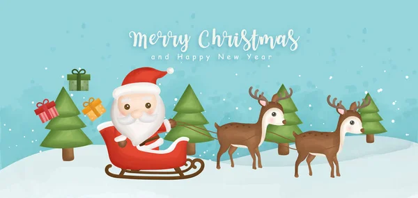 Feliz Navidad Feliz Año Nuevo Banner Con Lindo Santa Renos — Vector de stock