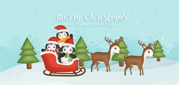 Feliz Natal Feliz Ano Novo Banner Com Pinguins Bonitos Renas — Vetor de Stock