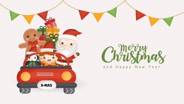 かわいいサンタの句と赤い車の上に立つ友人とクリスマスの背景 — ストックベクタ