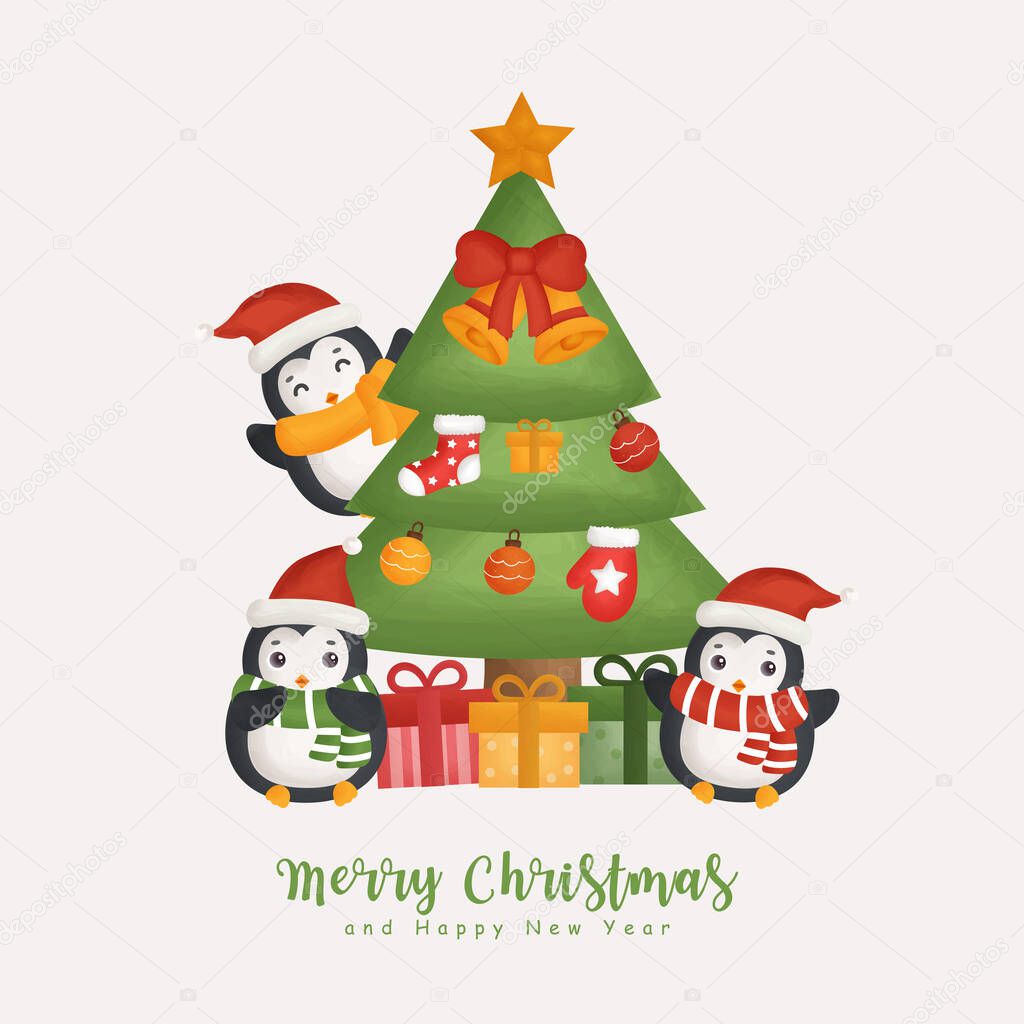 Christmas watercolor winter with cute penguins and christmas element for greeting cards, invitations, paper, packaging.