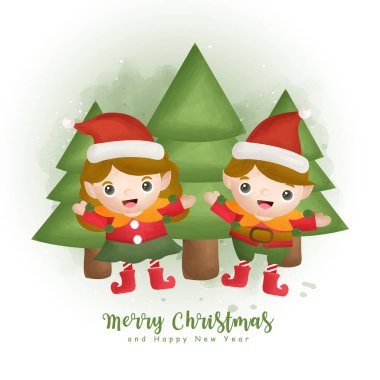 Noel suluboya kışı, Noel ağacı ve tebrik kartları, davetiyeler, kağıt, ambalaj, Noel tasarımı için Noel unsuru.