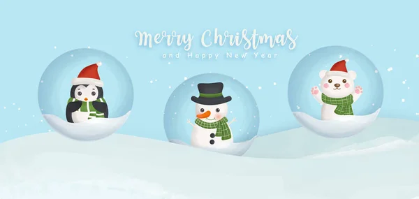Feliz Navidad Feliz Año Nuevo Bandera Con Muñeco Nieve Pingüino — Vector de stock