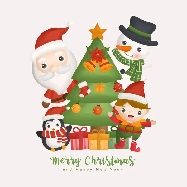 グリーティングカード 招待状 クリスマスデザインのためのサンタとクリスマス要素とクリスマス水彩冬 — ストックベクタ